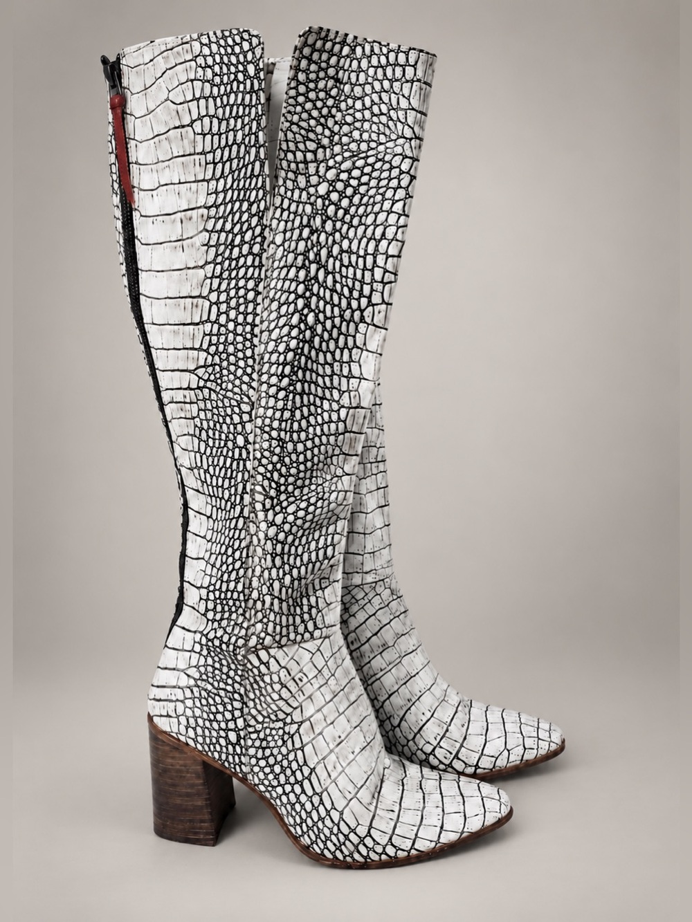Freebird Jasper White Black Croc Embossed Tall Leather Boots Size 6 Sold Out